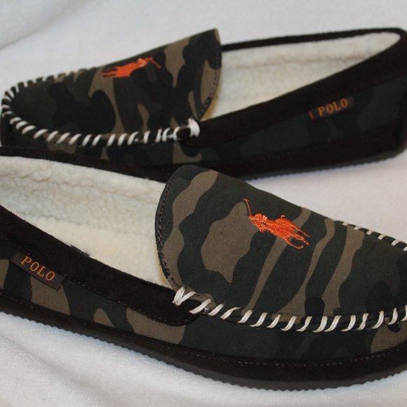 NIB POLO RALPH LAUREN MEN\'S CAMOUFLAGE GREEN ORANGE SLIPPERS‎ main image 5